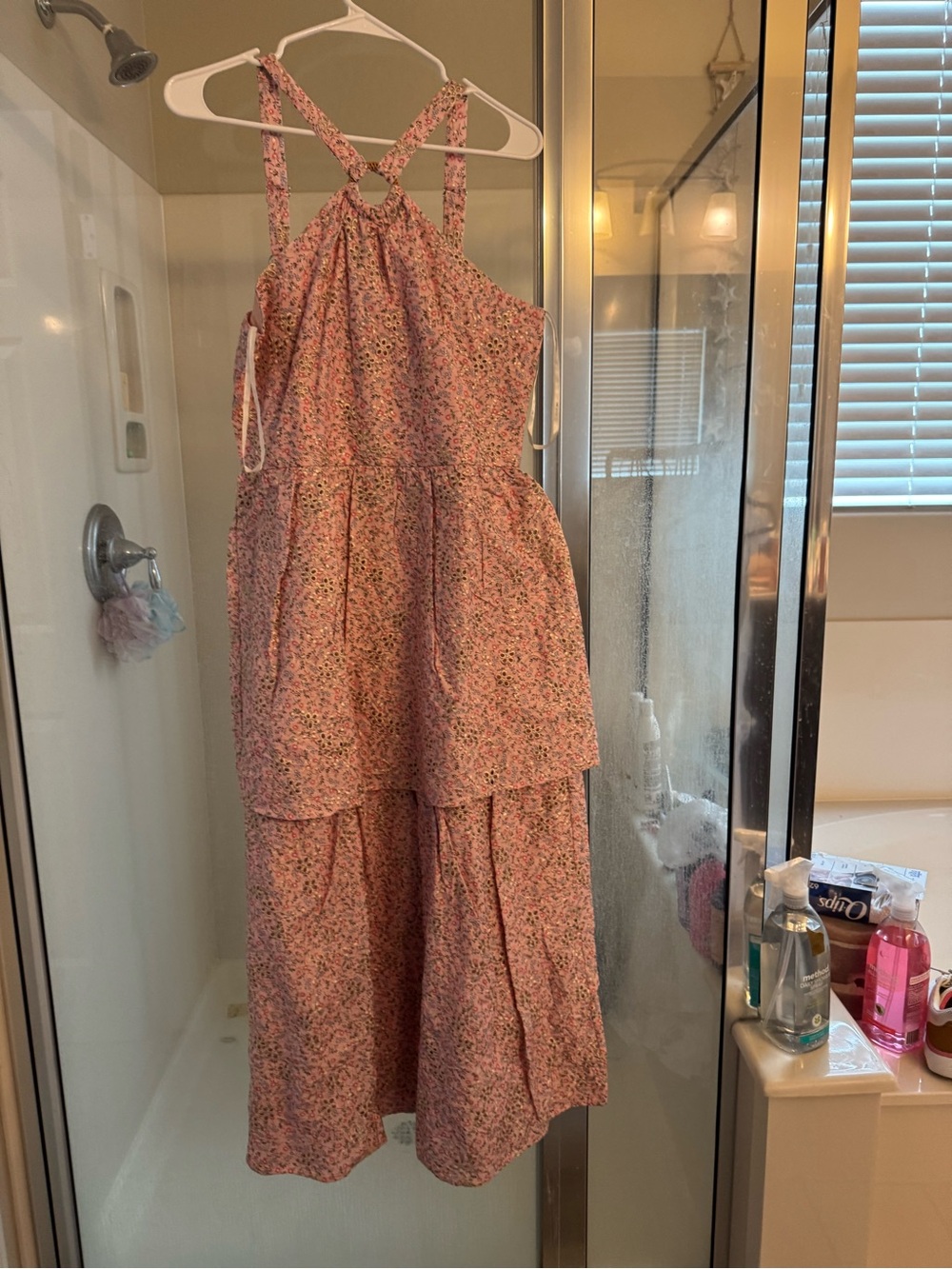 Just Me Pink Floral Tiered Romper with Crisscross Straps